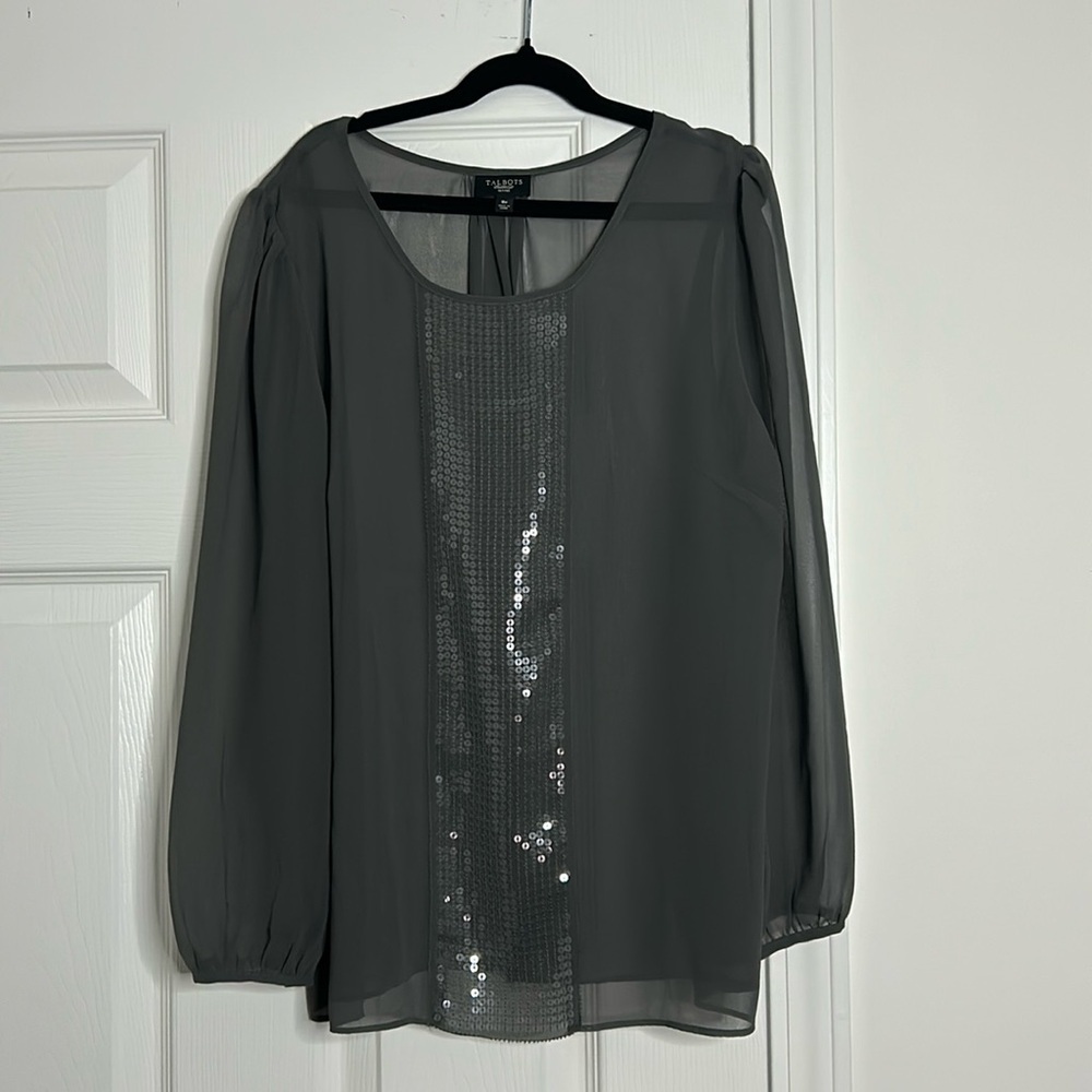 Talbots sheer blouse with clear sequins in front. Size 8P petite.